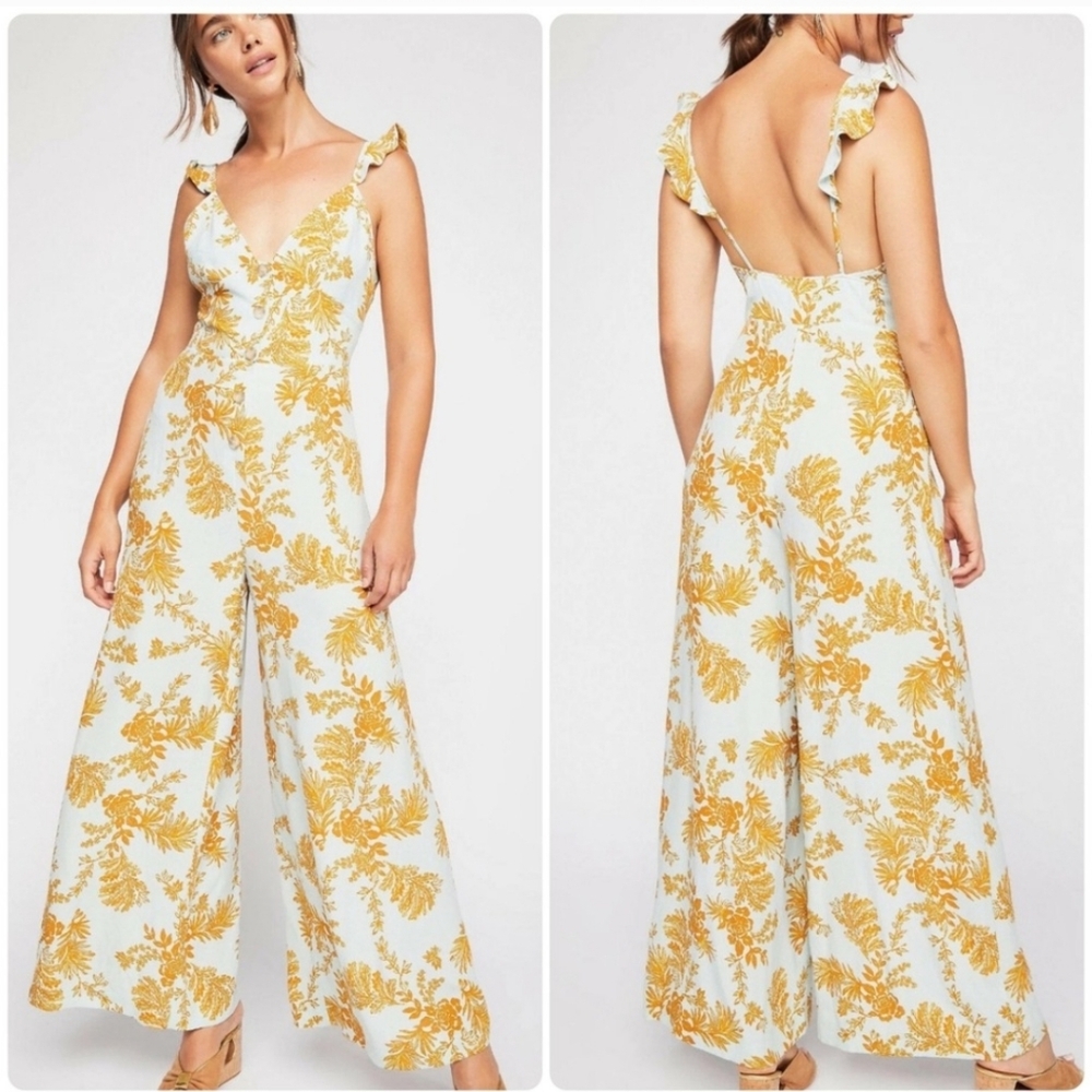 Free People Yellow and Blue Floral Jumpsuit